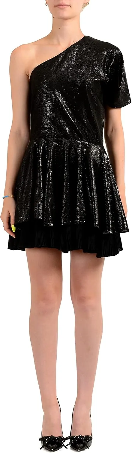 Just Cavalli Women's Sparkle Black One Shoulder Pleated Mini Dress US S IT 40
