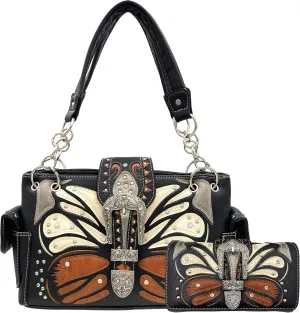 Justin West Abstract Butterfly Buckle Black Conceal Carry Handbag