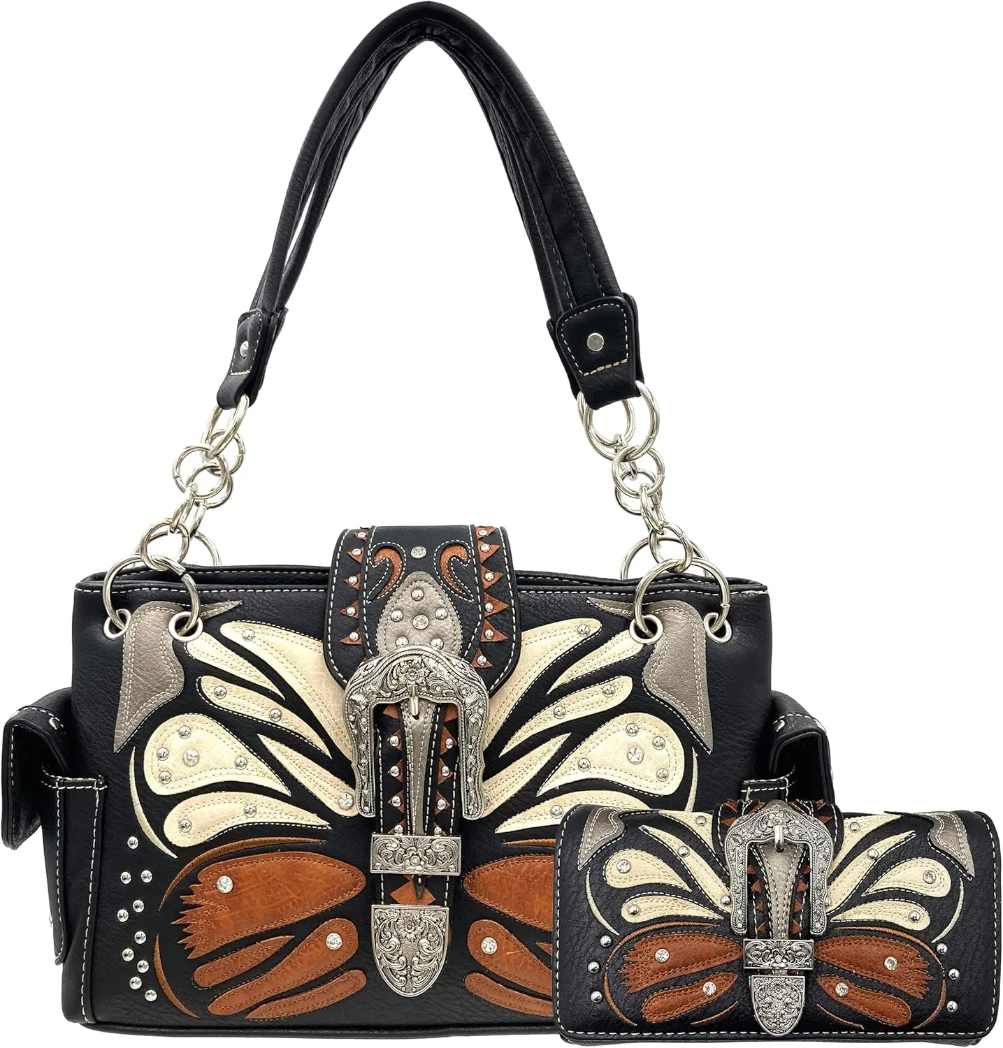 Justin West Abstract Butterfly Buckle Black Conceal Carry Handbag