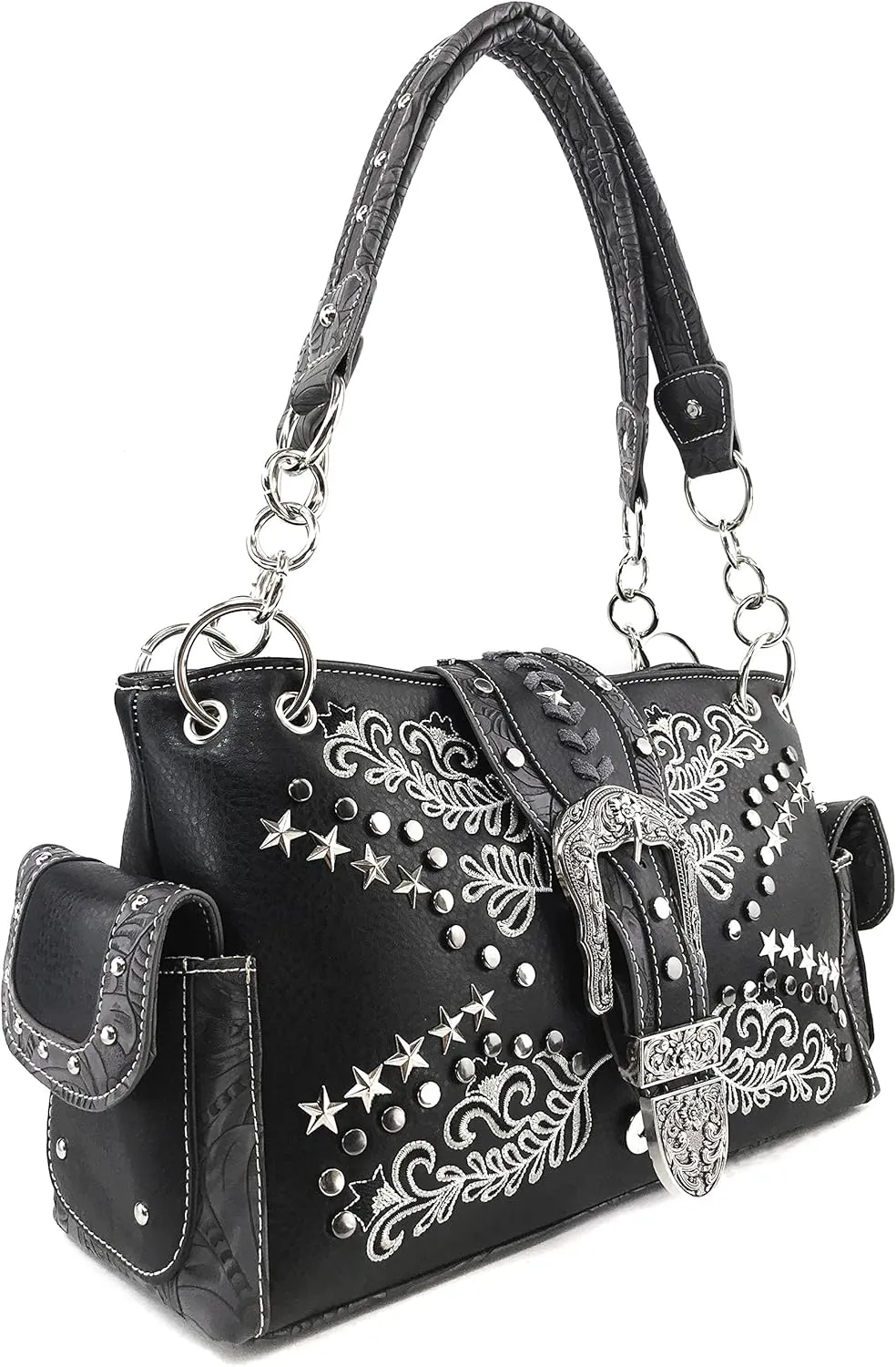 Justin West Buckle Western Floral Damask Embroidery Studs Stars Concealed Carry Handbag Purse