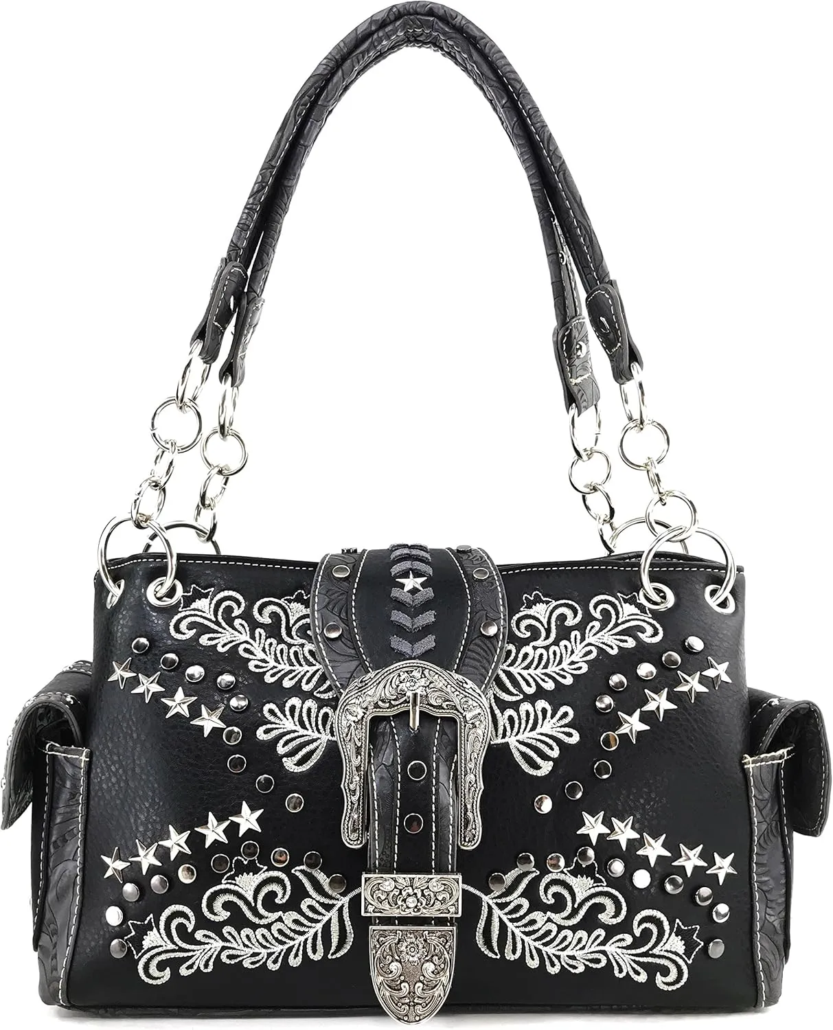 Justin West Buckle Western Floral Damask Embroidery Studs Stars Concealed Carry Handbag Purse