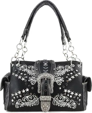 Justin West Buckle Western Floral Damask Embroidery Studs Stars Concealed Carry Handbag Purse