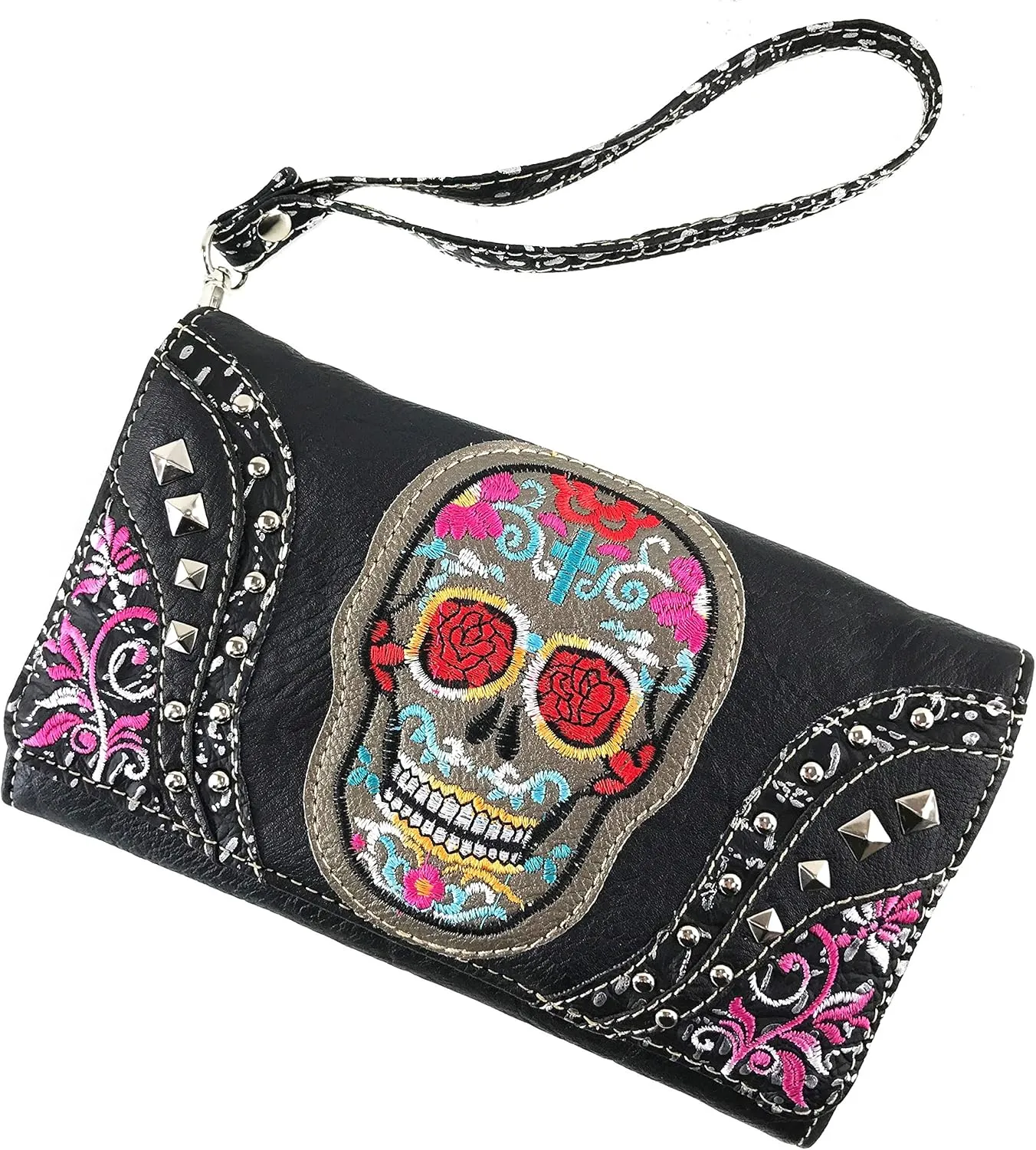 Justin West Fashion Mulitcolor Embroidered Floral Sugar Skull Women Purse Shoulder Handbag Flat Wallet