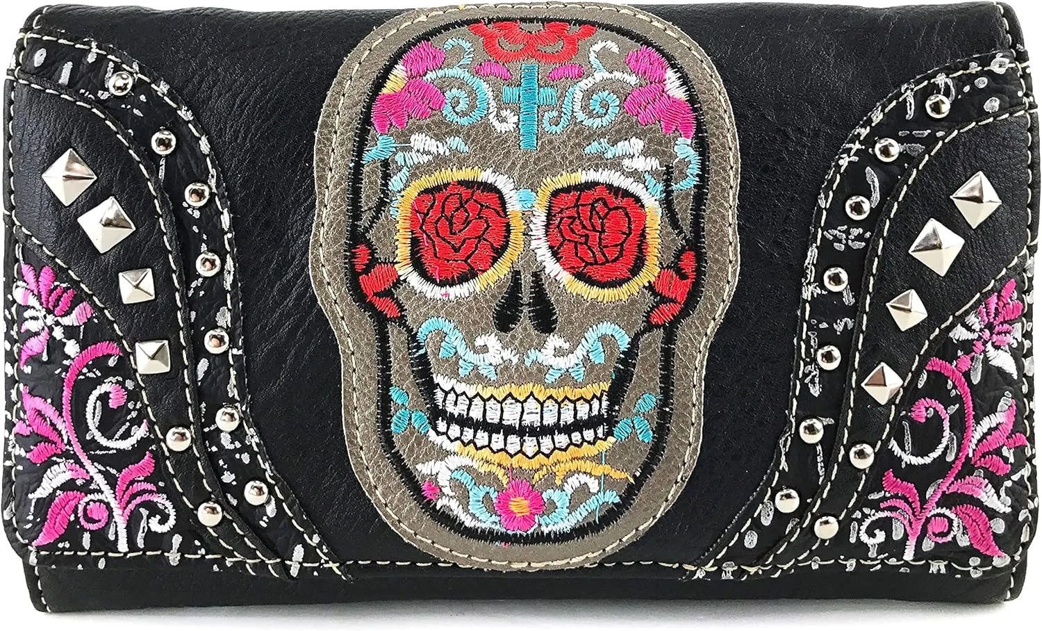 Justin West Fashion Mulitcolor Embroidered Floral Sugar Skull Women Purse Shoulder Handbag Flat Wallet