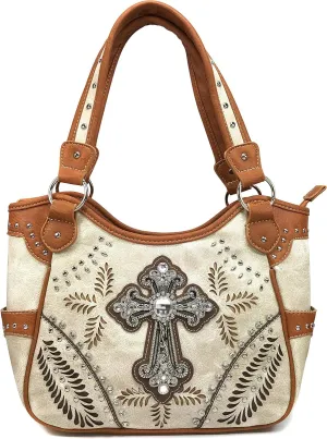 Justin West Floral Studs Laser Cut Western Rhinestone Cross Handbag Purse Conceal Carry