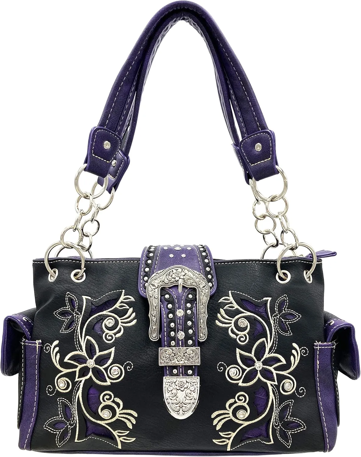 Justin West Floral Tooled Leather Studs Rhinestone Silver Buckle Concealed Carry Purse Handbag