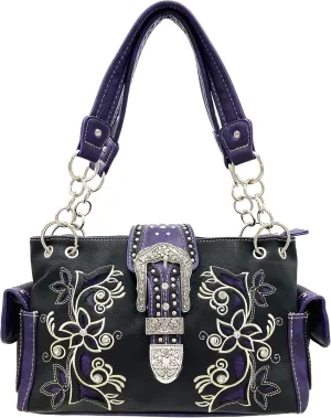 Justin West Floral Tooled Leather Studs Rhinestone Silver Buckle Concealed Carry Purse Handbag