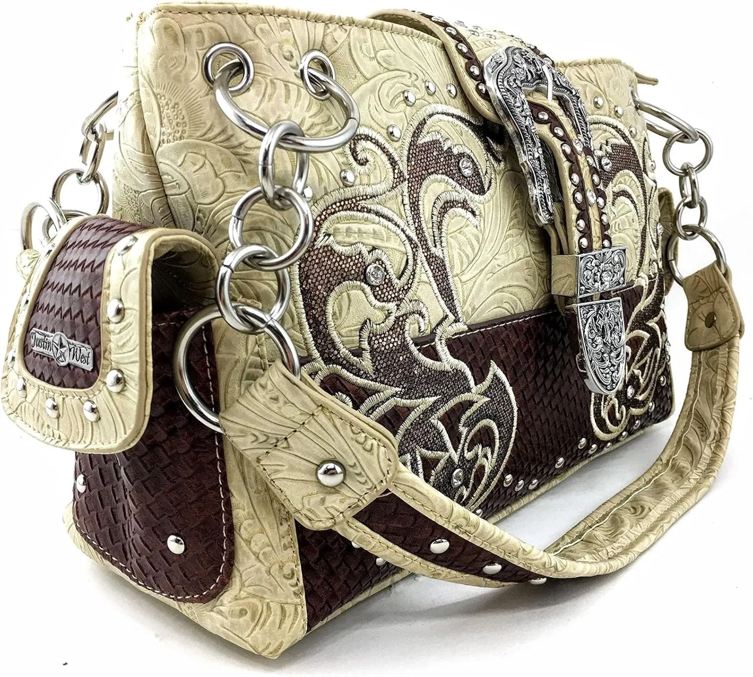 Justin West Gleaming Western Tooled Rhinestone Buckle Floral Embroidery Chain Shoulder Handbag Purse Concealed Carry