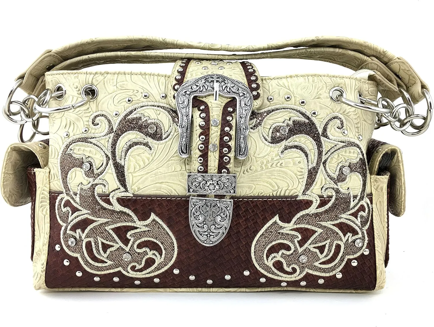 Justin West Gleaming Western Tooled Rhinestone Buckle Floral Embroidery Chain Shoulder Handbag Purse Concealed Carry