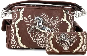 Justin West Horse Embroidery Studded Concealed Carry Handbag Purse Matching Wallet (Brown Handbag and wallet)