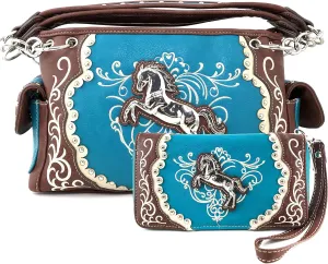 Justin West Horse Embroidery Studded Concealed Carry Handbag Purse Matching Wallet (Turquoise purse and wallet)