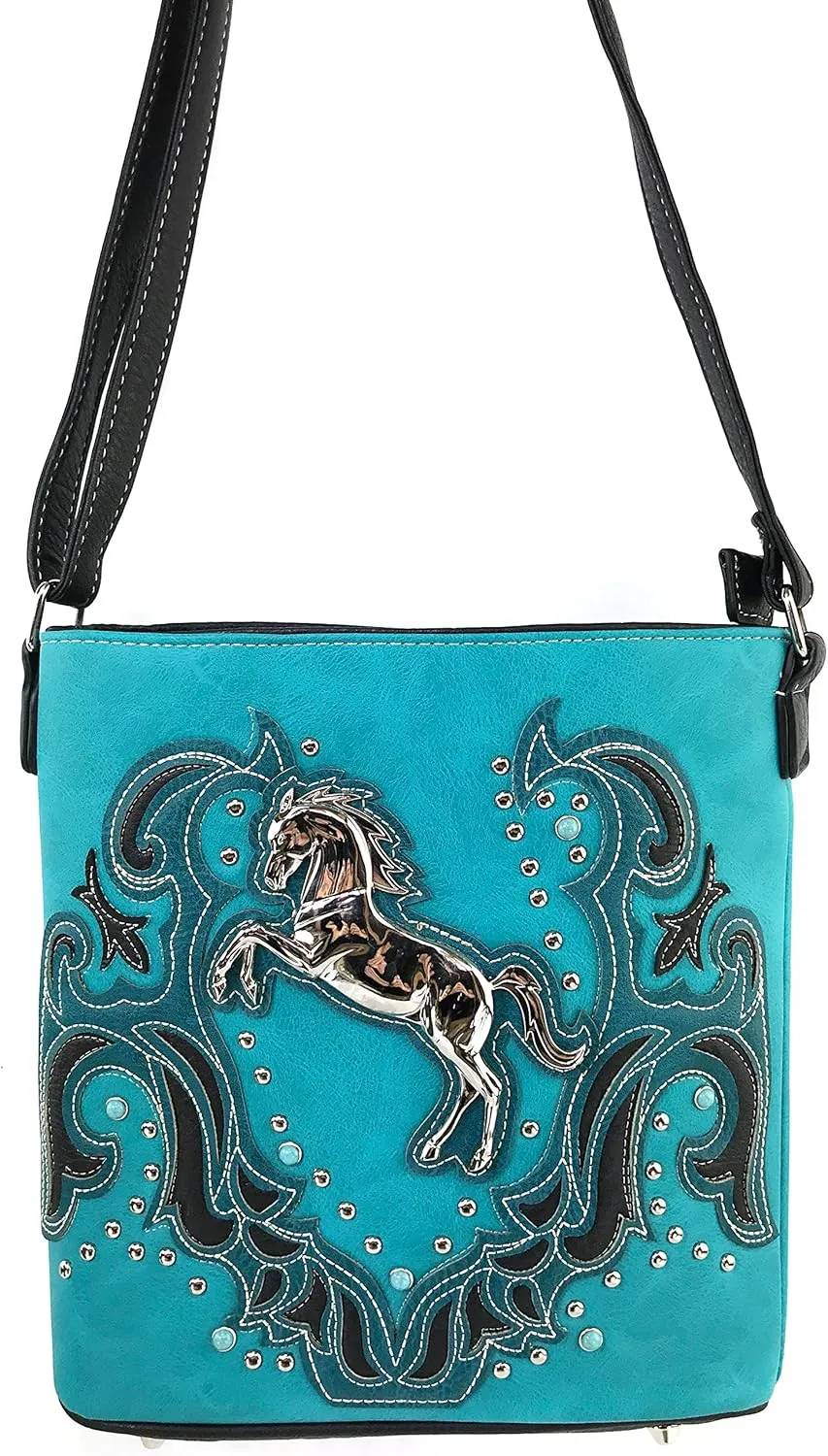 Justin West Horse Embroidery Studded Turquoise Stone Concealed Carry Handbag Purse Matching Wallet