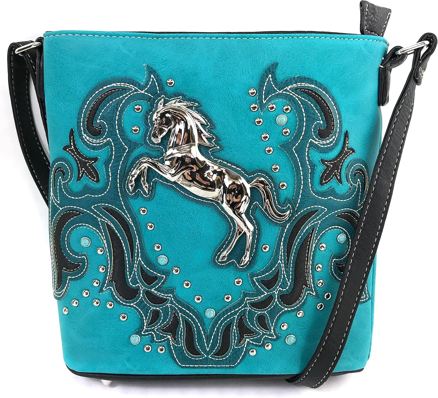 Justin West Horse Embroidery Studded Turquoise Stone Concealed Carry Handbag Purse Matching Wallet