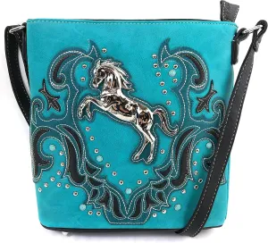 Justin West Horse Embroidery Studded Turquoise Stone Concealed Carry Handbag Purse Matching Wallet