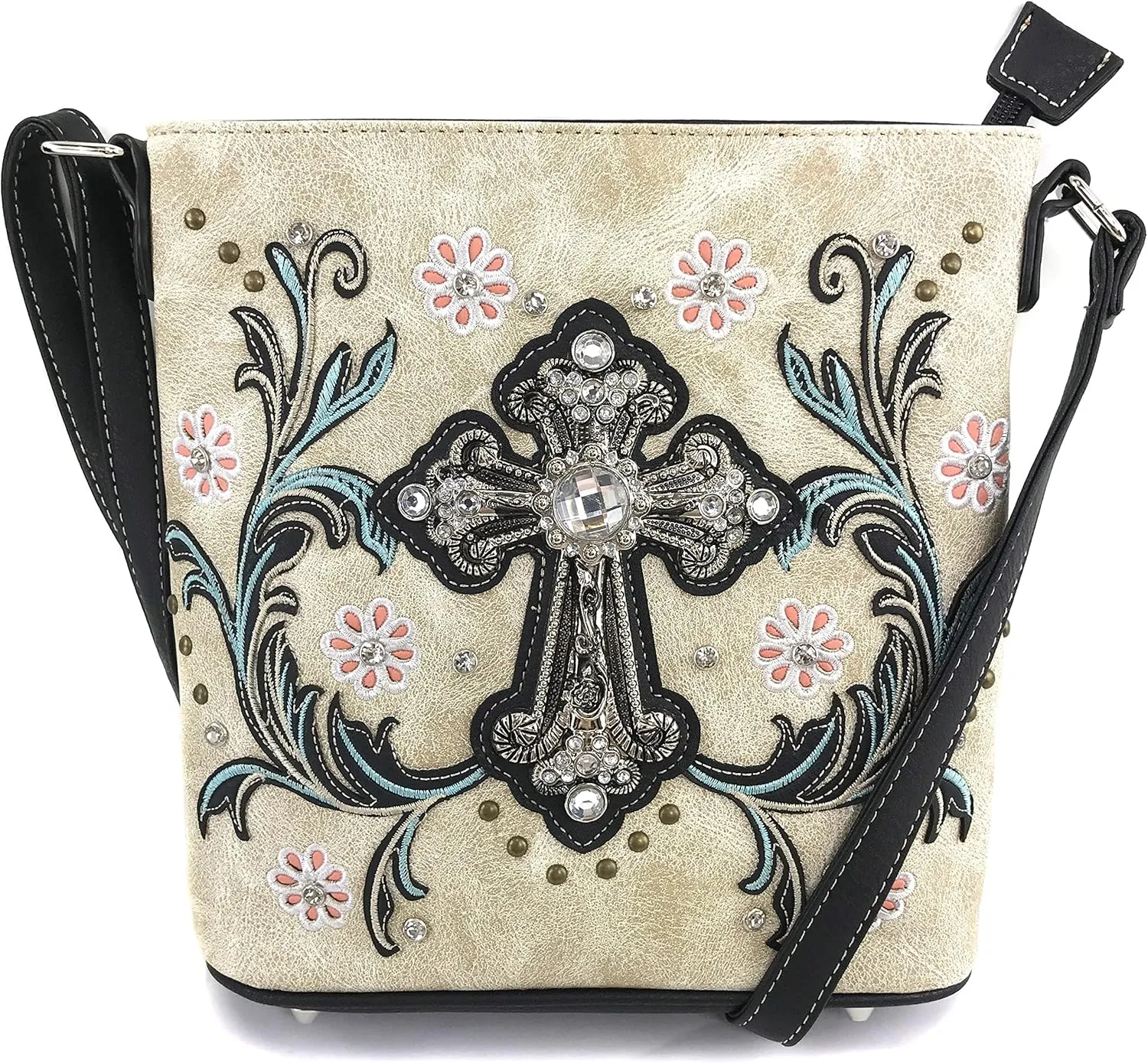 Justin West Rhinestone Cross Summer Flower Embroidery CCW Concealed Carry Shoulder Purse Handbag