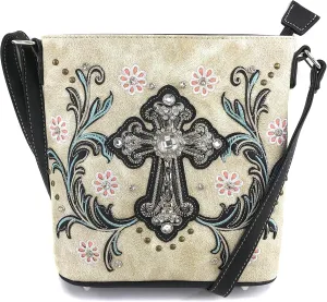 Justin West Rhinestone Cross Summer Flower Embroidery CCW Concealed Carry Shoulder Purse Handbag