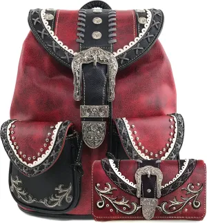Justin West Trendy Western Rhinestone Leather Conceal Carry Top Handle Backpack Purse Wallet Set Western Red