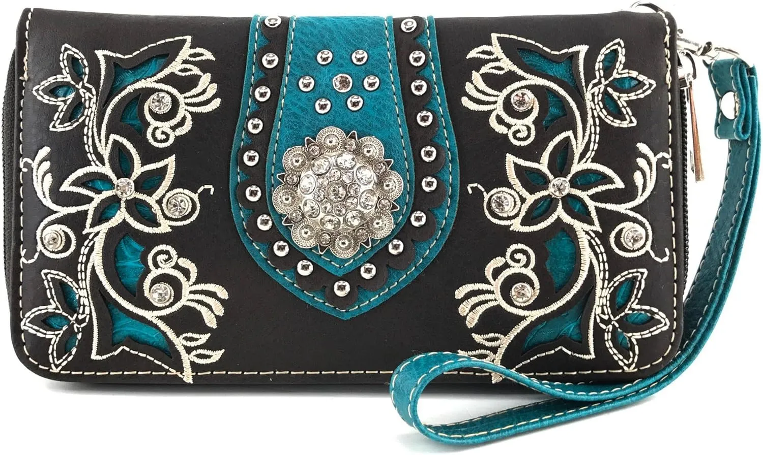 Justin West Western Rhinestone Cross Tote Purse Embroidery Floral Design Leather Concealed Carry Handbag