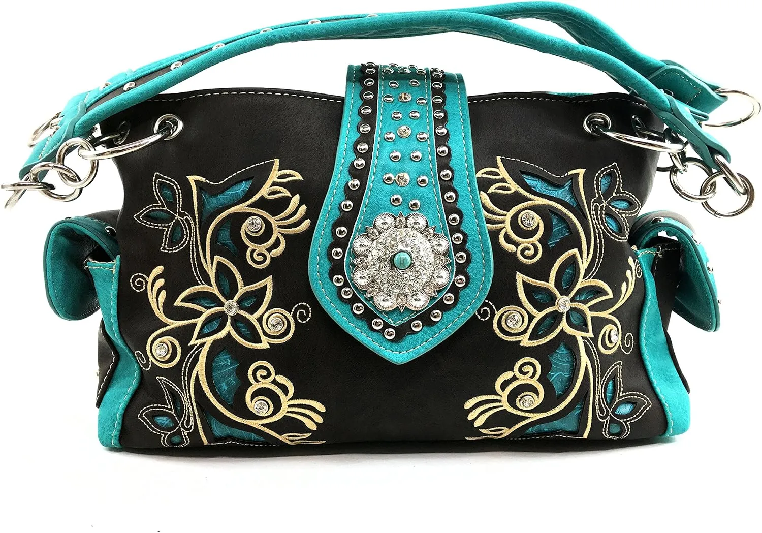 Justin West Western Rhinestone Cross Tote Purse Embroidery Floral Design Leather Concealed Carry Handbag
