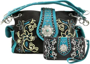Justin West Western Rhinestone Cross Tote Purse Embroidery Floral Design Leather Concealed Carry Handbag