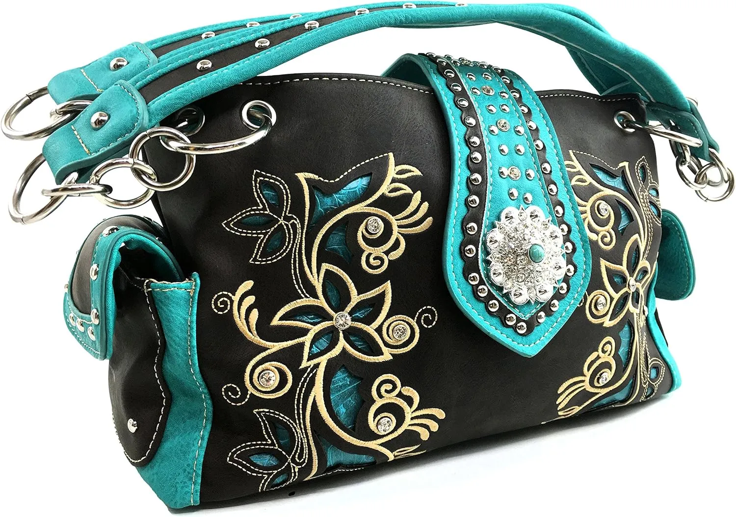 Justin West Western Rhinestone Cross Tote Purse Embroidery Floral Design Leather Concealed Carry Handbag