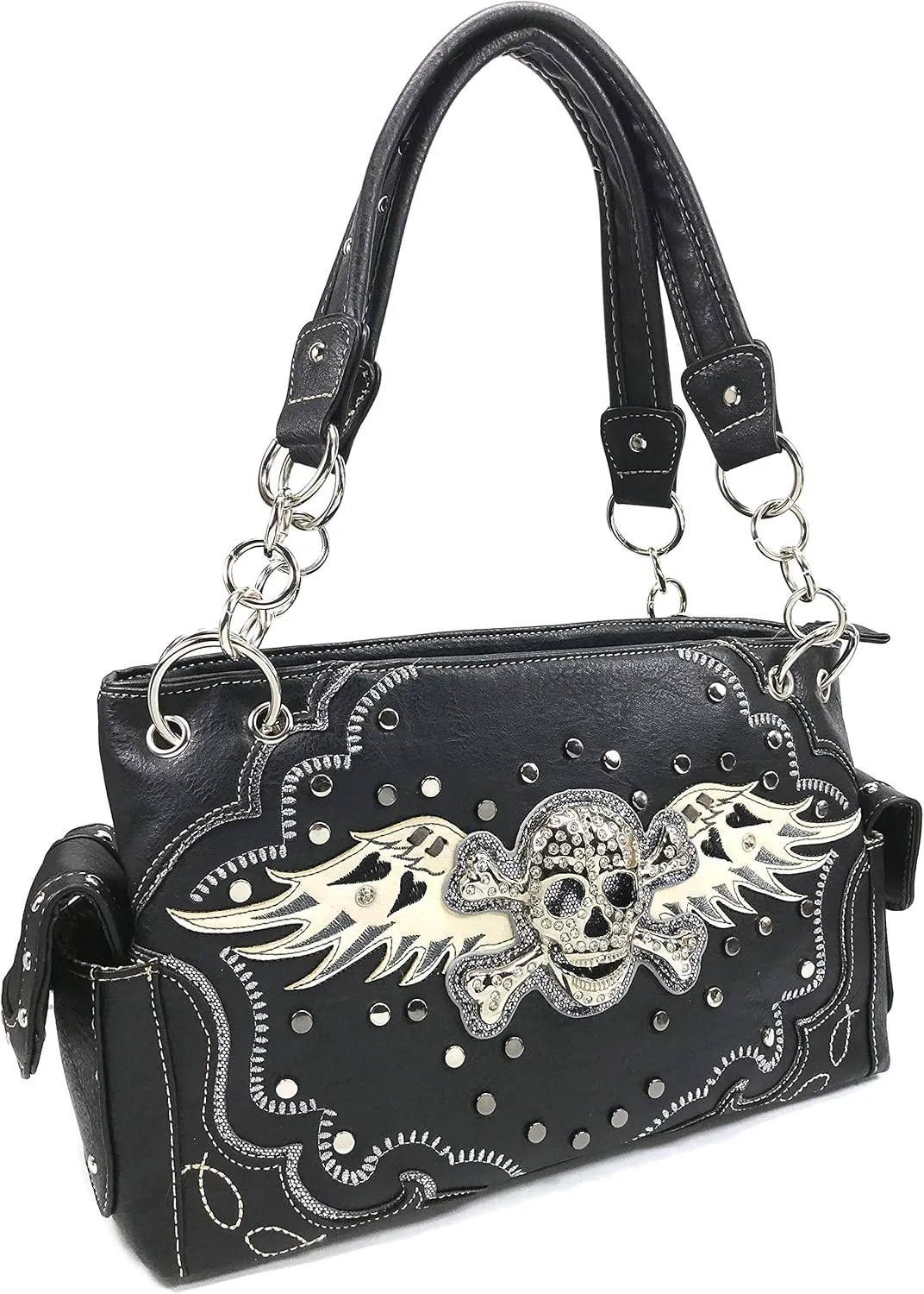 Justin West Women's Rhinestone Skull Crossbones with Angel Wings Shoulder Handbag