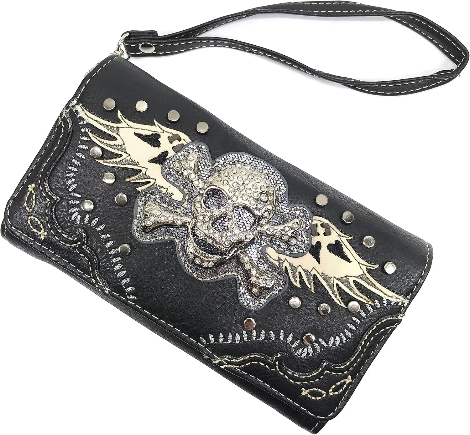 Justin West Women's Rhinestone Skull Crossbones with Angel Wings Shoulder Handbag