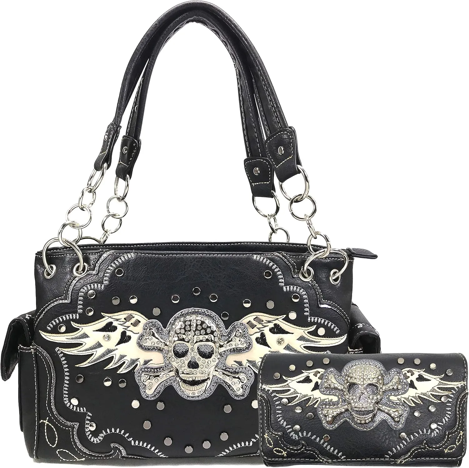 Justin West Women's Rhinestone Skull Crossbones with Angel Wings Shoulder Handbag