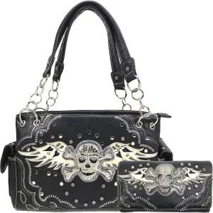 Justin West Women's Rhinestone Skull Crossbones with Angel Wings Shoulder Handbag