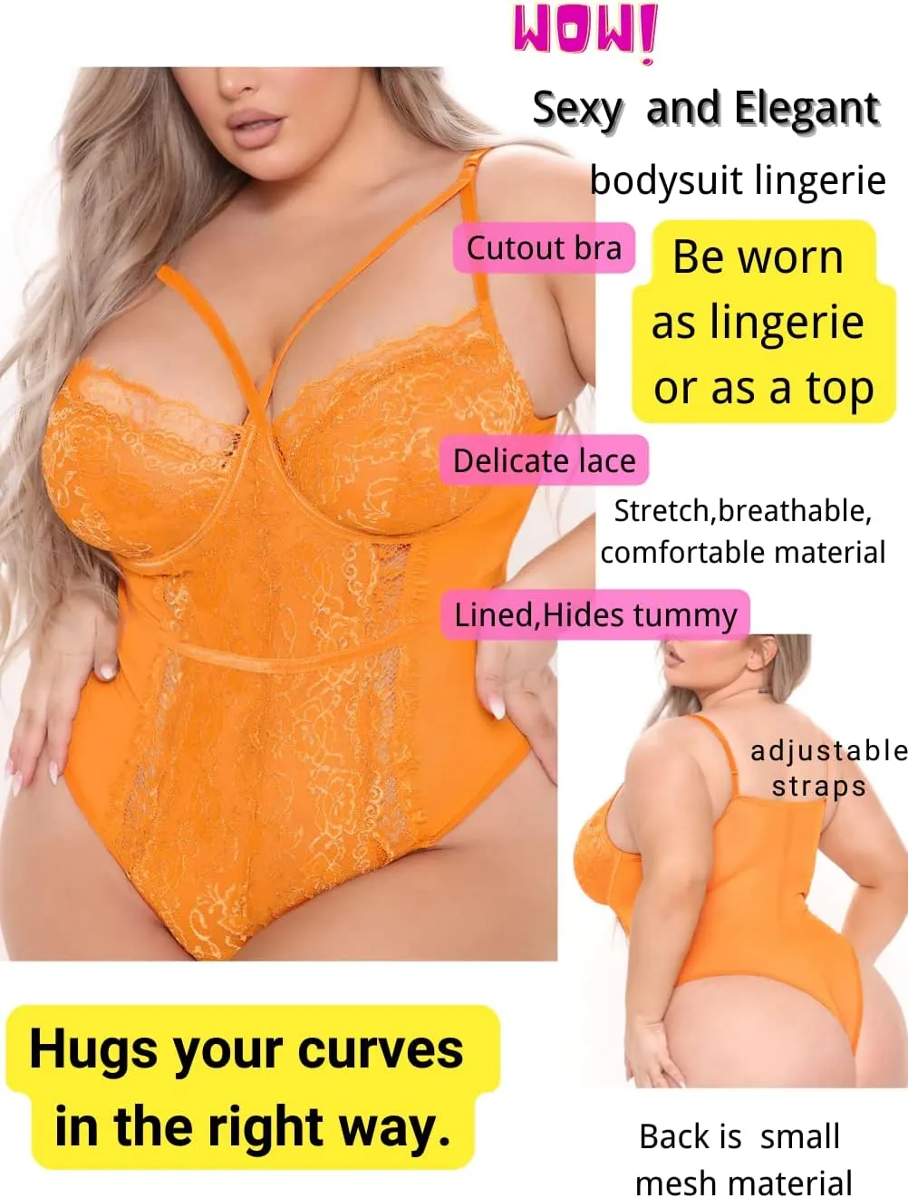 Kaei&Shi Plus Size Eyelash Lace Bodysuit, Snap Crotch Sexy Top Lingerie, Club Outfit