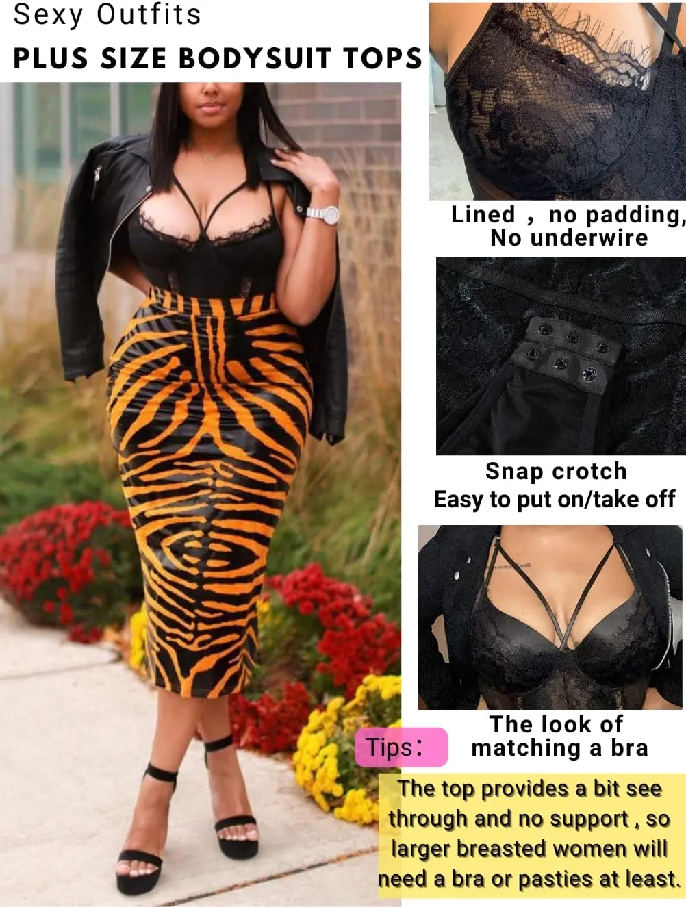 Kaei&Shi Plus Size Eyelash Lace Bodysuit, Snap Crotch Sexy Top Lingerie, Club Outfit