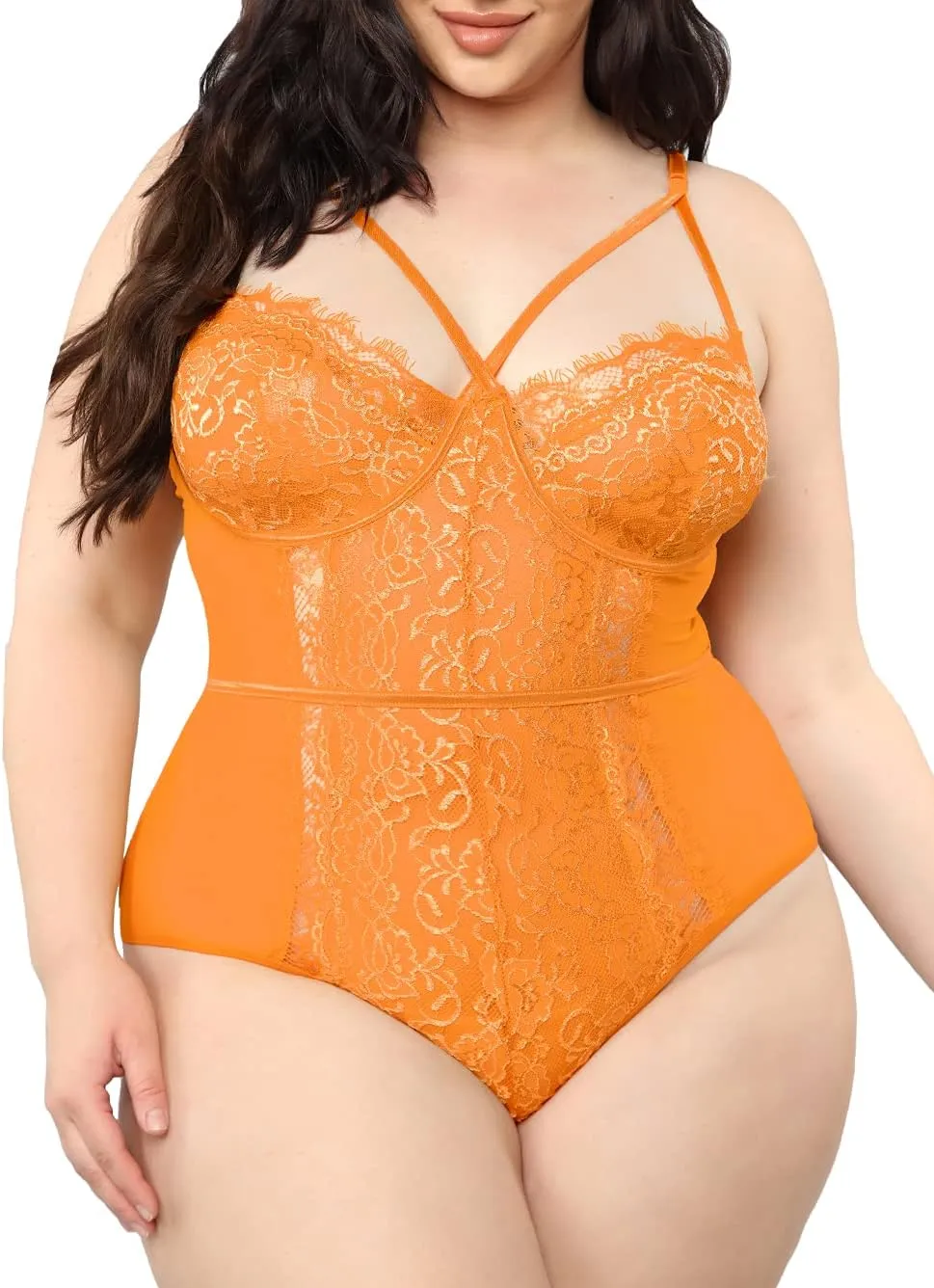 Kaei&Shi Plus Size Eyelash Lace Bodysuit, Snap Crotch Sexy Top Lingerie, Club Outfit