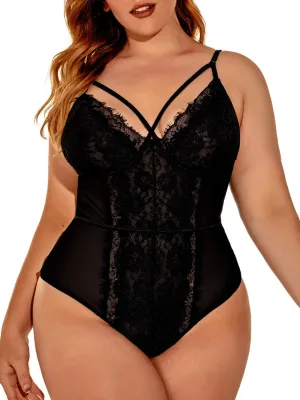 Kaei&Shi Plus Size Eyelash Lace Bodysuit, Snap Crotch Sexy Top Lingerie, Club Outfit