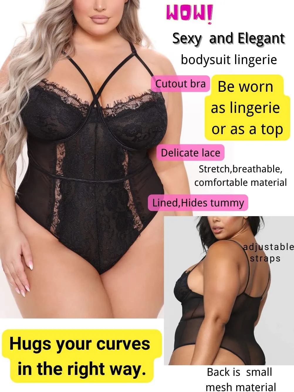 Kaei&Shi Plus Size Eyelash Lace Bodysuit, Snap Crotch Sexy Top Lingerie, Club Outfit