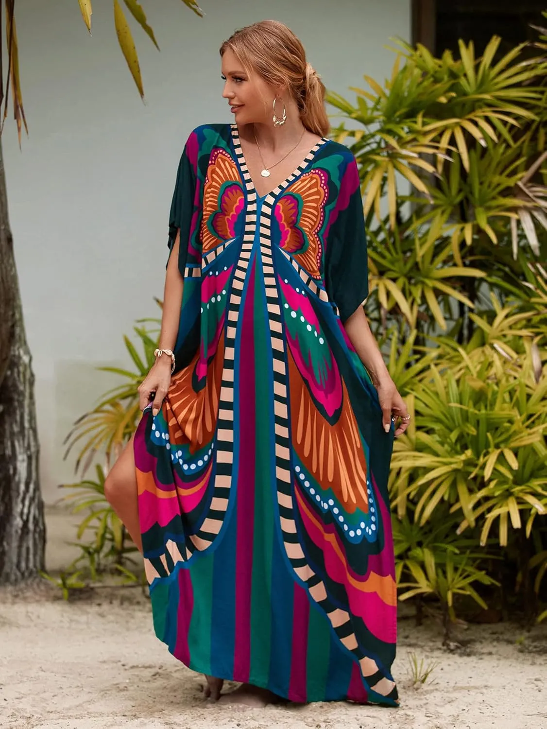 Kaftan Dresses for Women Plus Size Lightweight Swimsuit Cover up Batwing Sleeve Print Loungewear Beach Robe