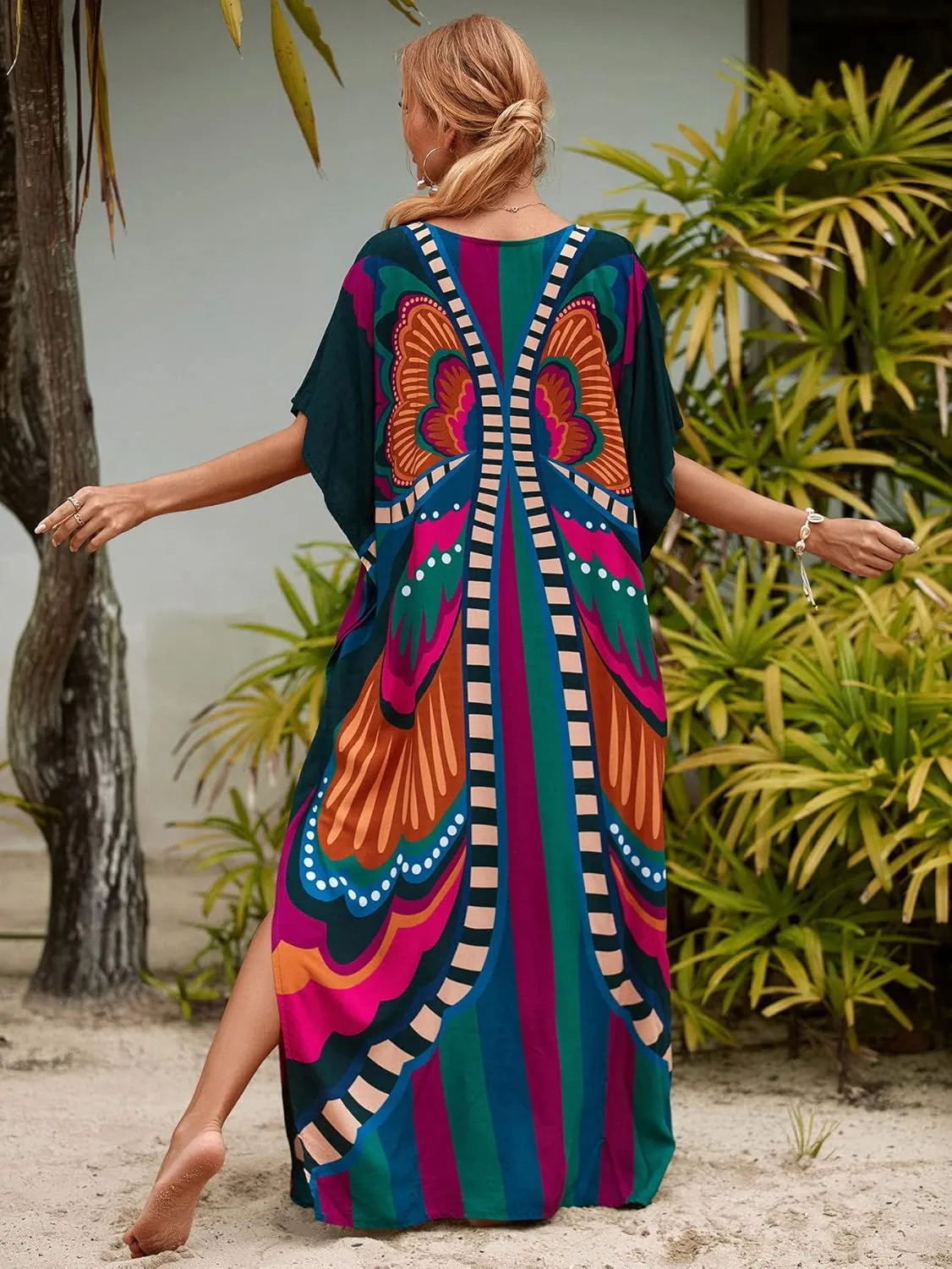 Kaftan Dresses for Women Plus Size Lightweight Swimsuit Cover up Batwing Sleeve Print Loungewear Beach Robe
