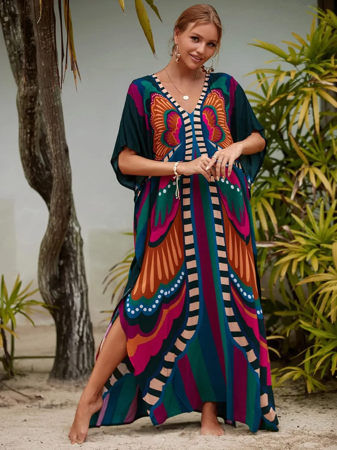 Kaftan Dresses for Women Plus Size Lightweight Swimsuit Cover up Batwing Sleeve Print Loungewear Beach Robe