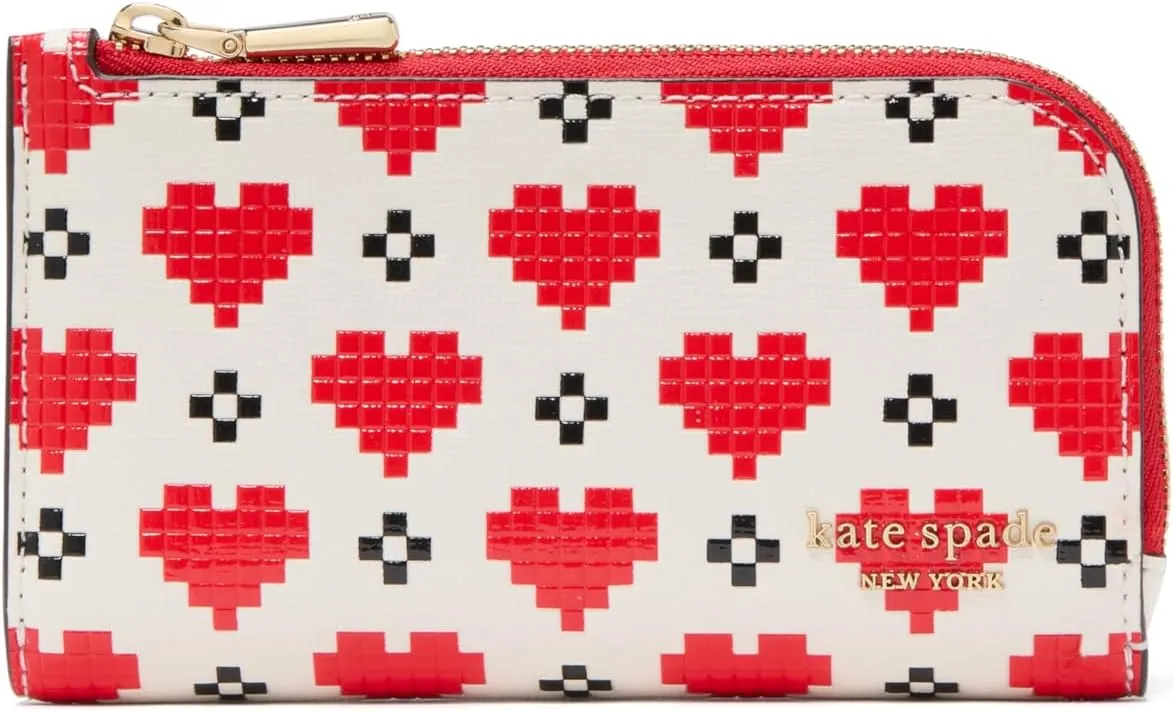 kate spade new york Devin Pixel Hearts Embossed Saffiano Leather Small Slim Bifold Wallet, Cream Multi