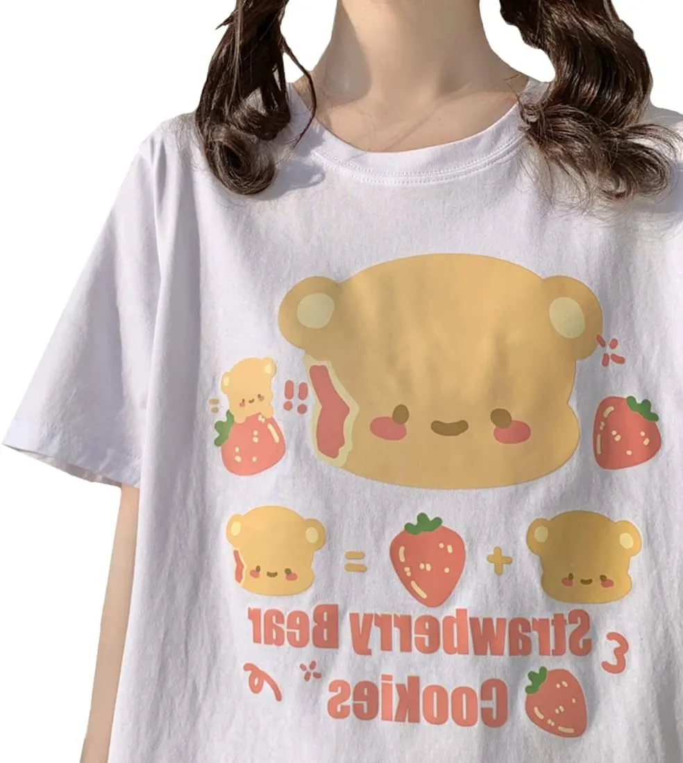 Kawaii Fashion Harajuku Style Pastel Gothic Clothing Crewneck Soft Cartoon Print Bear Cookies T-Shirt