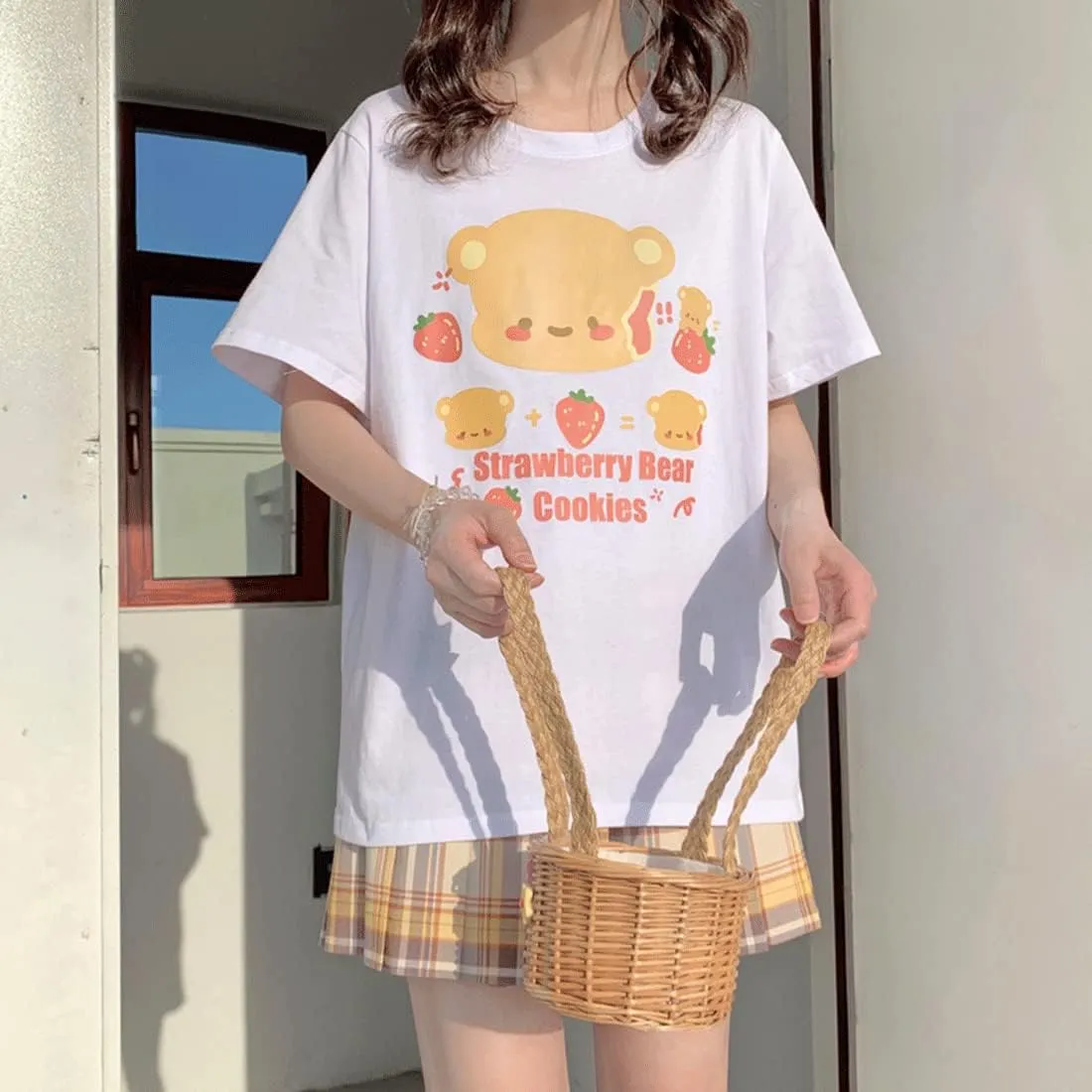 Kawaii Fashion Harajuku Style Pastel Gothic Clothing Crewneck Soft Cartoon Print Bear Cookies T-Shirt