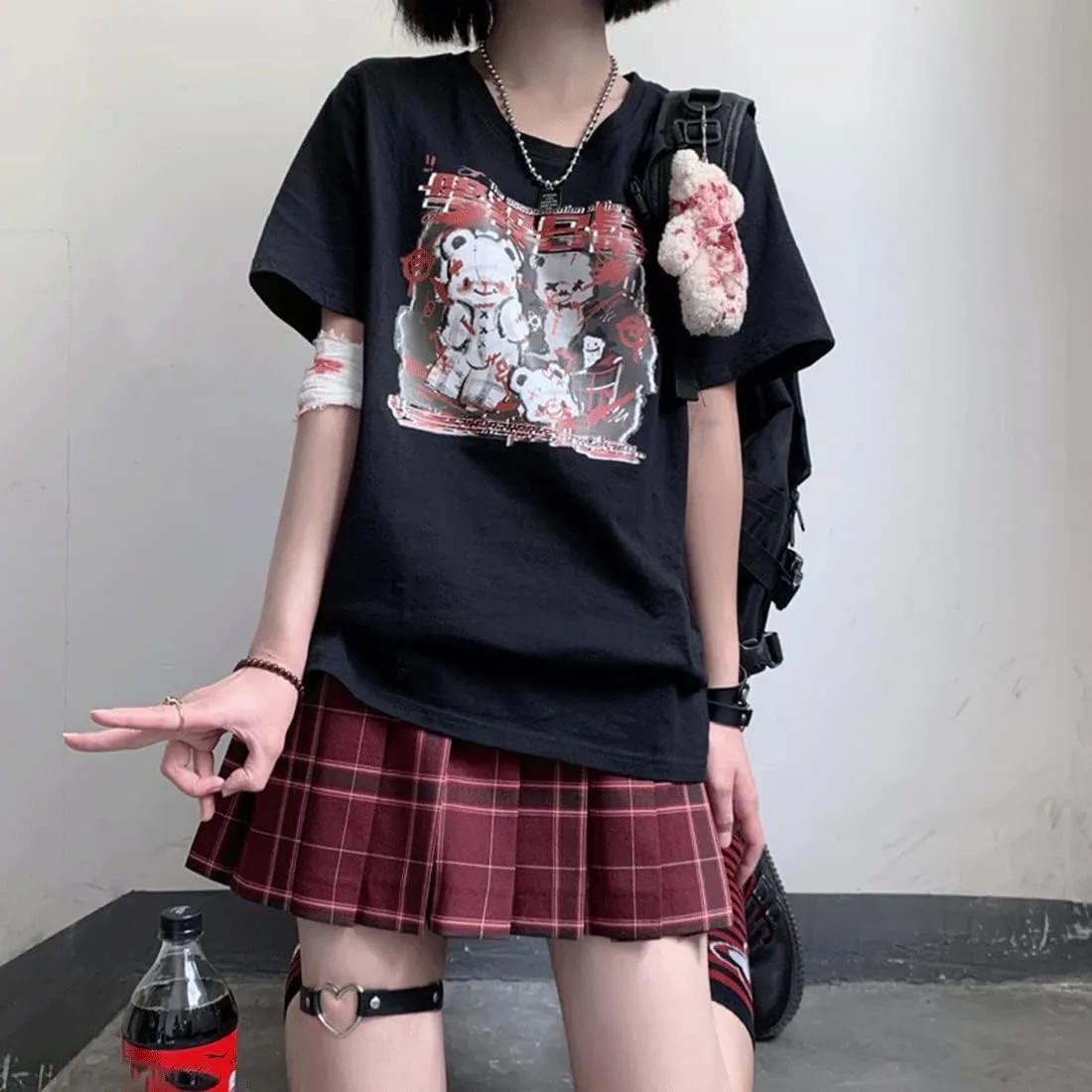 Kawaii Harajuku Fashion Pastel Goth Loose Crewneck Soft Japanese Style Cute Anime Girl Print T-Shirt