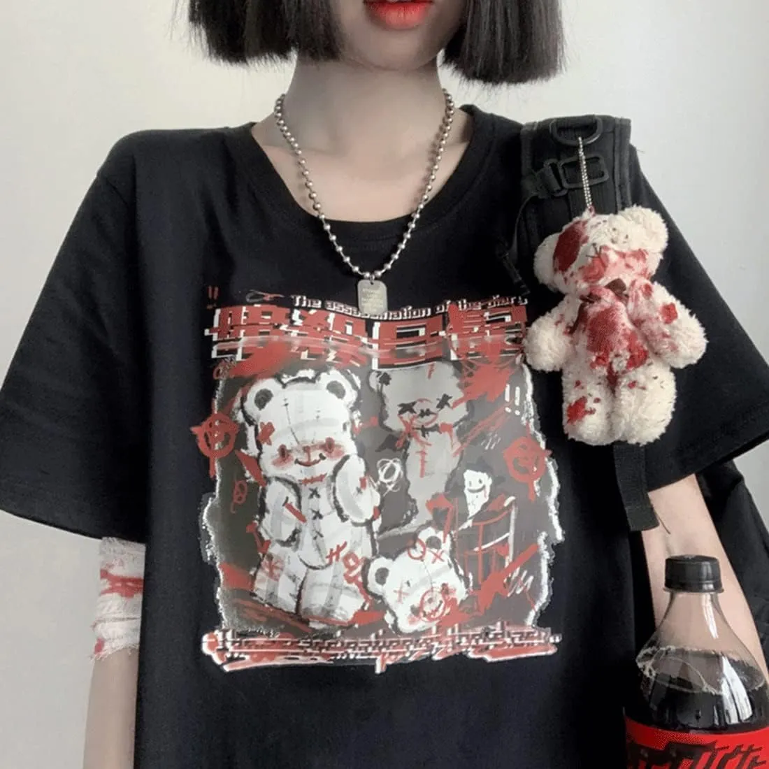 Kawaii Harajuku Fashion Pastel Goth Loose Crewneck Soft Japanese Style Cute Anime Girl Print T-Shirt