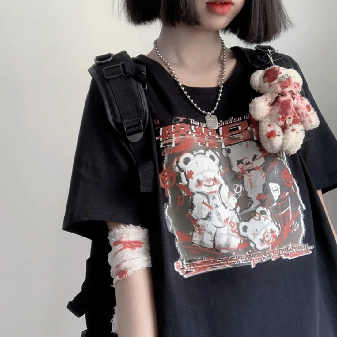 Kawaii Harajuku Fashion Pastel Goth Loose Crewneck Soft Japanese Style Cute Anime Girl Print T-Shirt
