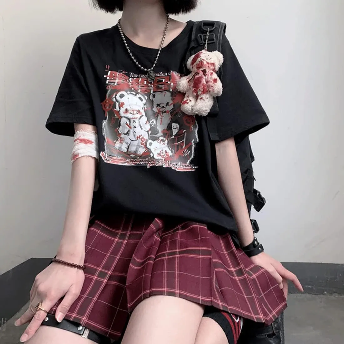 Kawaii Harajuku Fashion Pastel Goth Loose Crewneck Soft Japanese Style Cute Anime Girl Print T-Shirt