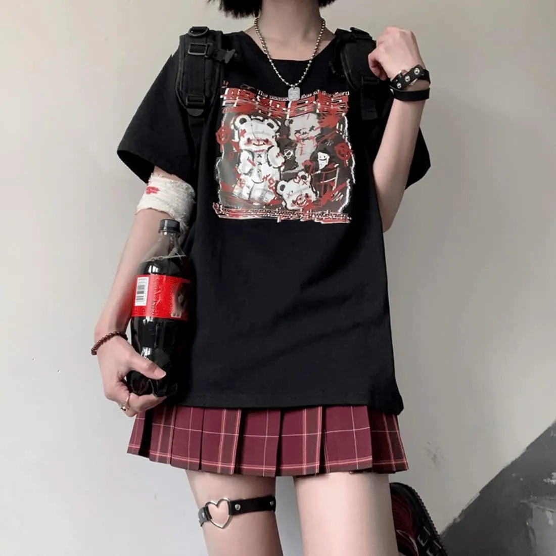 Kawaii Harajuku Fashion Pastel Goth Loose Crewneck Soft Japanese Style Cute Anime Girl Print T-Shirt