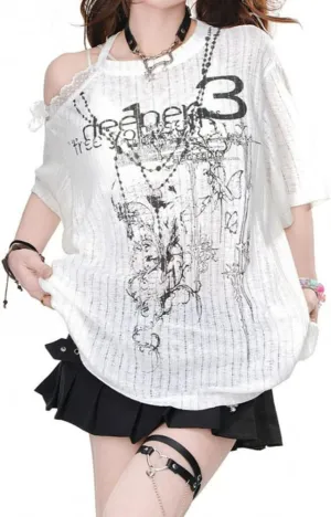 Kawaii Shirt Cutecore Clothes for Girl Off Shoulder Tops Y2k Aesthetic Cute Graphic Tees Gyaru Harajuku Shirt