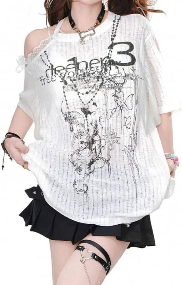 Kawaii Shirt Cutecore Clothes for Girl Off Shoulder Tops Y2k Aesthetic Cute Graphic Tees Gyaru Harajuku Shirt