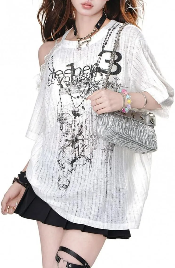 Kawaii Shirt Cutecore Clothes for Girl Off Shoulder Tops Y2k Aesthetic Cute Graphic Tees Gyaru Harajuku Shirt