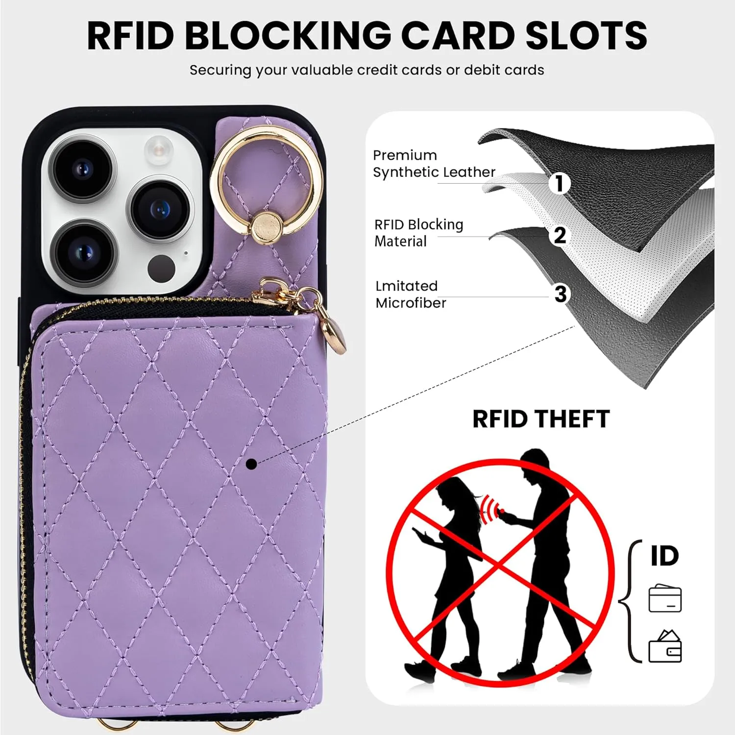 Keallce Case for iPhone 14 Pro 6.1'' Wallet Case, Crossbody Zipper Purse with Handbag Wristlet for Women, RFID Blocking Card Holder, 360° Ring Kickstand Flip Leather Cover for iPhone 14 Pro 5G, Purple