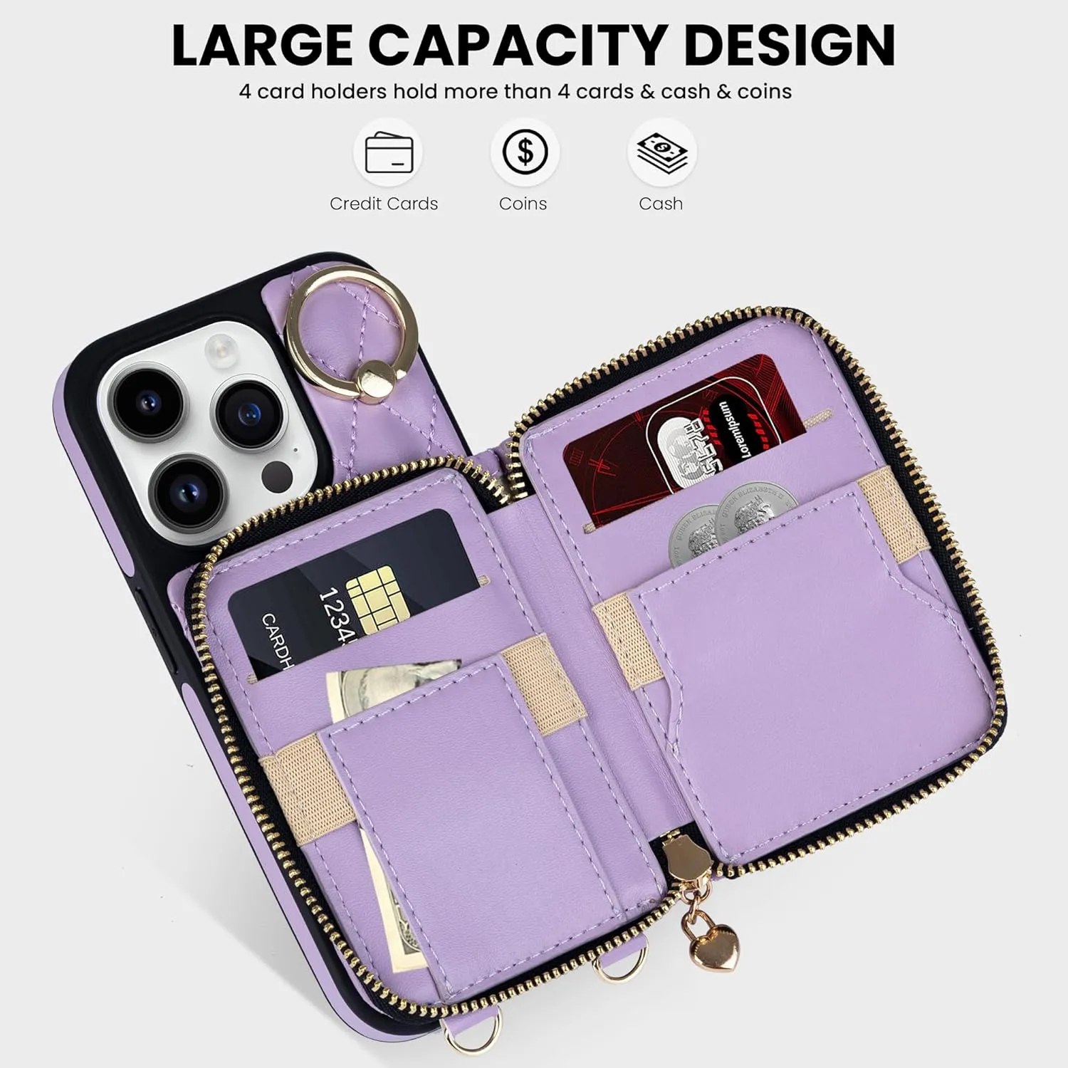 Keallce Case for iPhone 14 Pro 6.1'' Wallet Case, Crossbody Zipper Purse with Handbag Wristlet for Women, RFID Blocking Card Holder, 360° Ring Kickstand Flip Leather Cover for iPhone 14 Pro 5G, Purple
